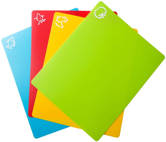 4-Piece Flexible Cutting Board Set | Color-Coded Mats with Food Icons & Anti-Slip Back