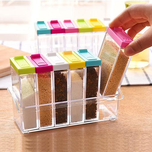 6 Piece Spice Jar Colorful Seasoning Box Kitchen Condiment Storage Container with Tray and 2 Kinds of Outlet Holes