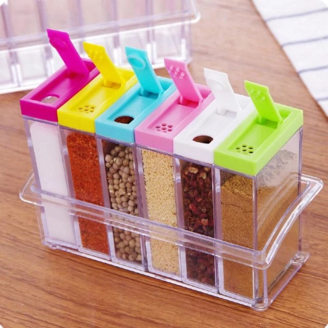 6 Piece Spice Jar Colorful Seasoning Box Kitchen Condiment Storage Container with Tray and 2 Kinds of Outlet Holes