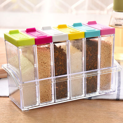 6 Piece Spice Jar Colorful Seasoning Box Kitchen Condiment Storage Container with Tray and 2 Kinds of Outlet Holes