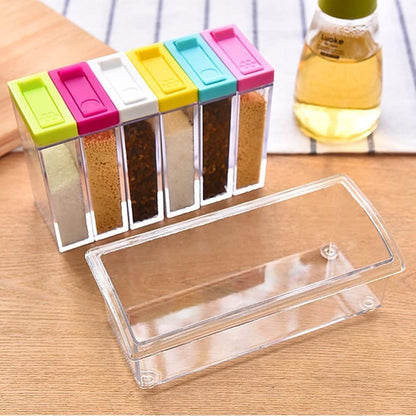 6 Piece Spice Jar Colorful Seasoning Box Kitchen Condiment Storage Container with Tray and 2 Kinds of Outlet Holes