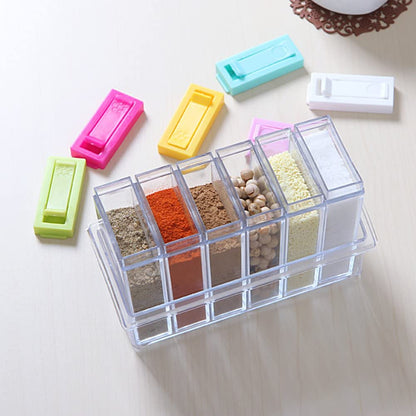 6 Piece Spice Jar Colorful Seasoning Box Kitchen Condiment Storage Container with Tray and 2 Kinds of Outlet Holes