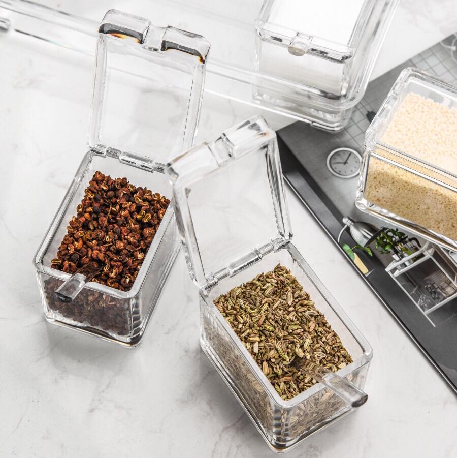 4-Piece Acrylic Spice Pots Set – Clear Seasoning Boxes with Rack, Lids & Spoons