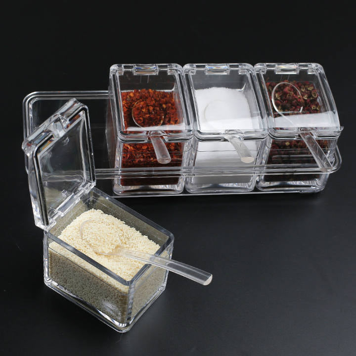 4-Piece Acrylic Spice Pots Set – Clear Seasoning Boxes with Rack, Lids & Spoons