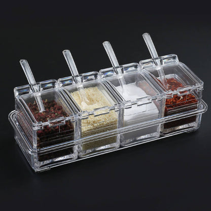 4-Piece Acrylic Spice Pots Set – Clear Seasoning Boxes with Rack, Lids & Spoons