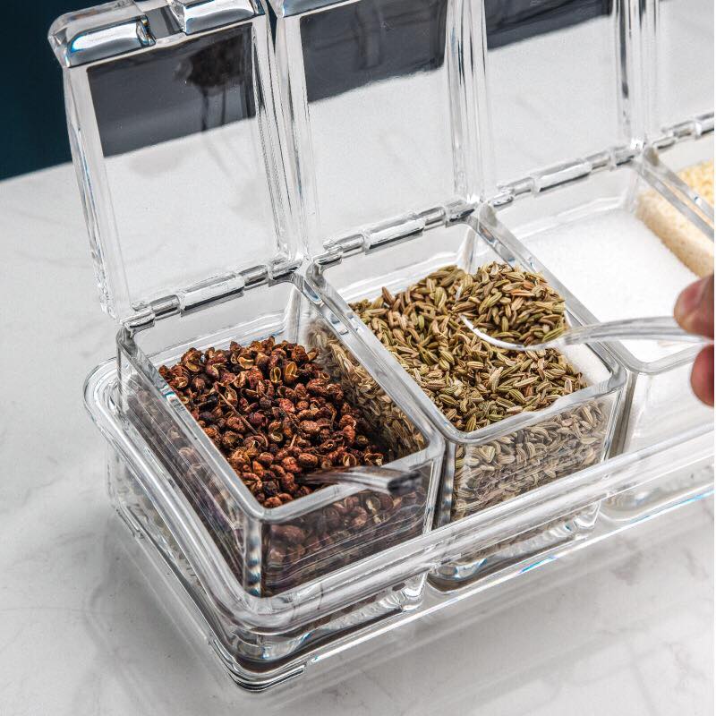 4-Piece Acrylic Spice Pots Set – Clear Seasoning Boxes with Rack, Lids & Spoons