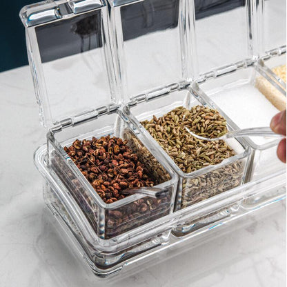 4-Piece Acrylic Spice Pots Set – Clear Seasoning Boxes with Rack, Lids & Spoons