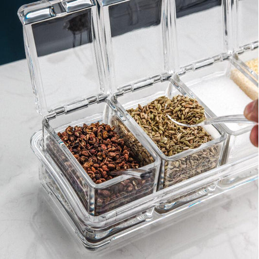 4-Piece Acrylic Spice Pots Set – Clear Seasoning Boxes with Rack, Lids & Spoons