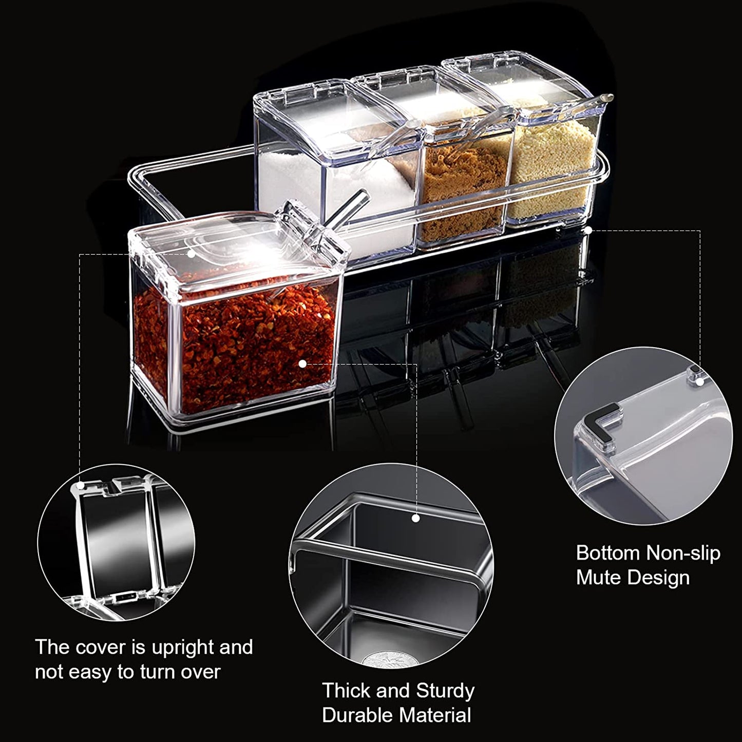 4-Piece Acrylic Spice Pots Set – Clear Seasoning Boxes with Rack, Lids & Spoons