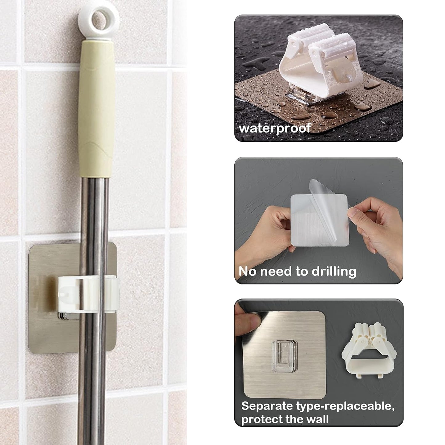 Broom Mop Holder – Self Adhesive, Wall-Mounted, No-Drill Organizer