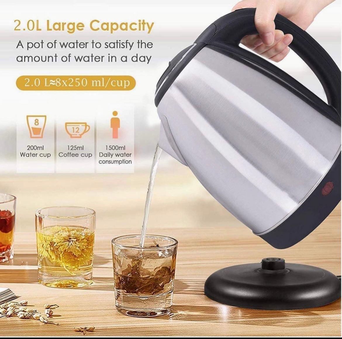 Electric Hot Water Kettle 2 Liters Stainless Steel