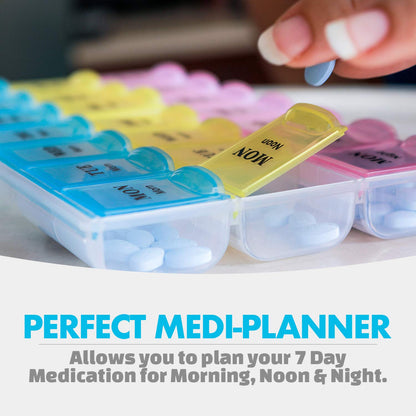 Inspirations 21 Compartments Pill Organizer Box, Medicine Remainder with Snap Lids, 7-Day AM/PM for Pills and Vitamins